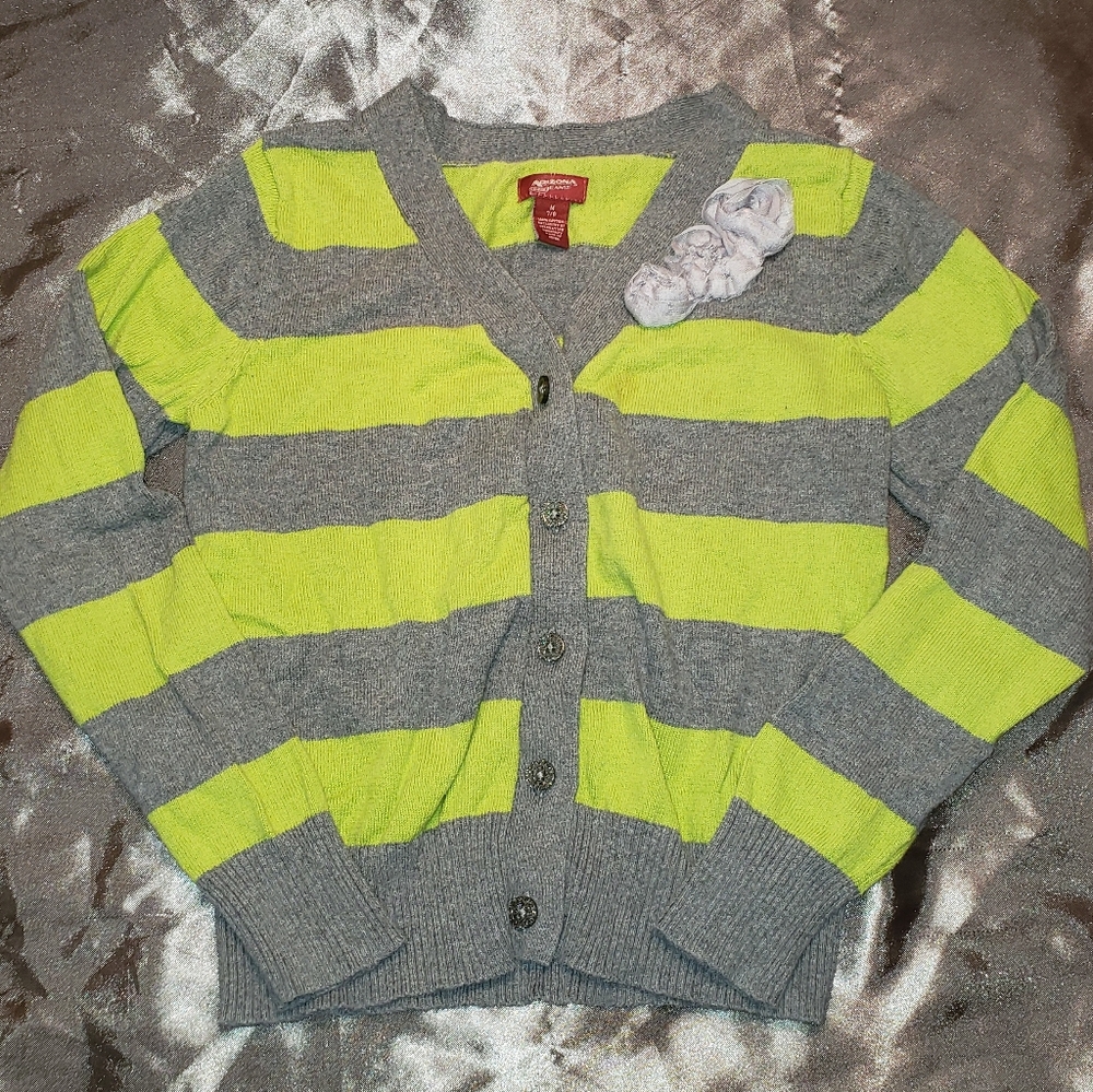 Girls Striped Green/Gray Cardigan